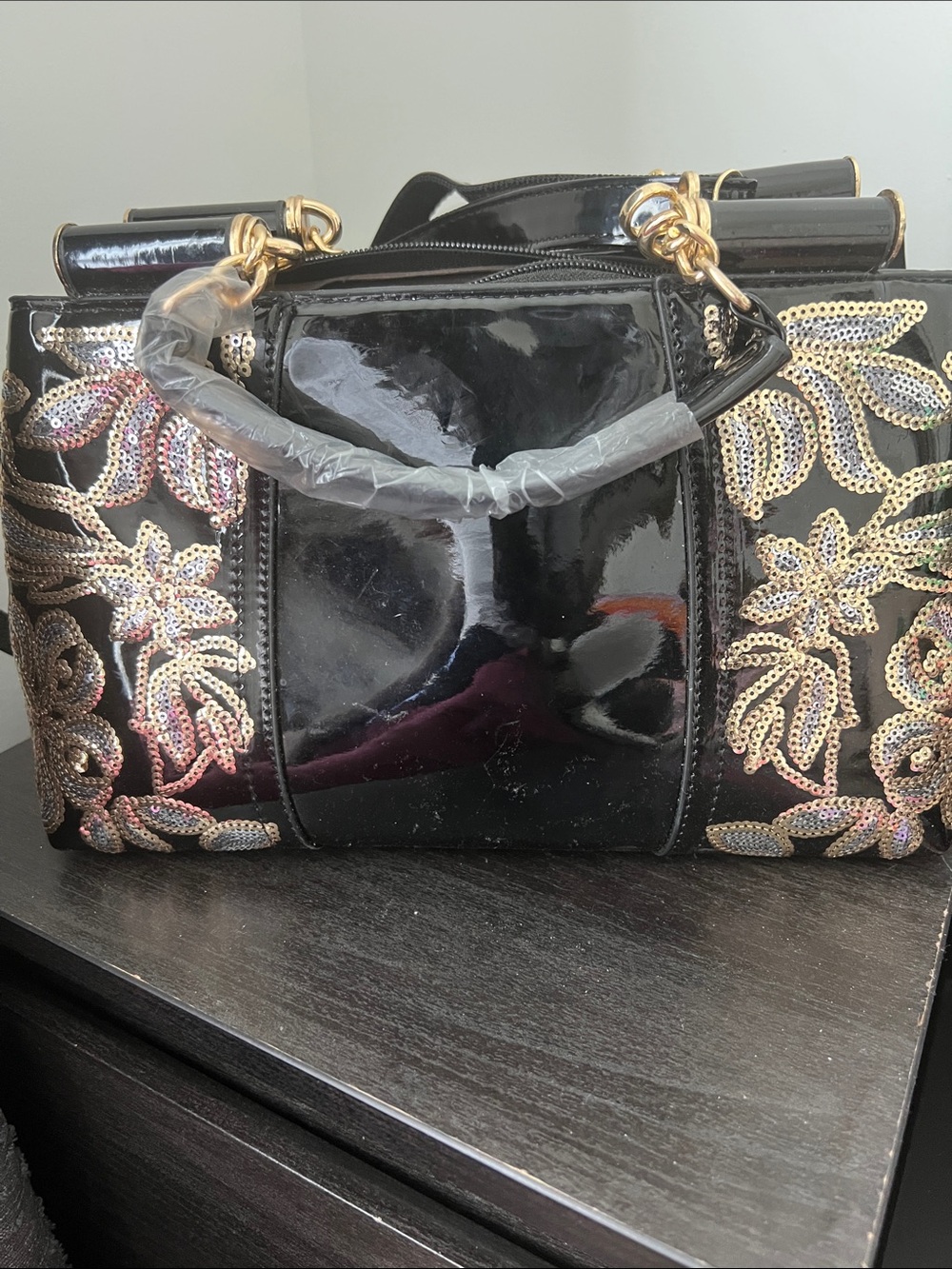 Black Sequin Patent Leather Top-Handle Bag - Picture 1 of 5